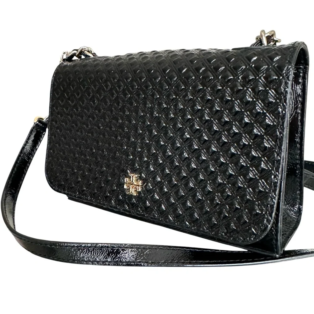 🆕 Tory Burch Marion Patent Flap Shoulder Bag Crossbody Black Embossed Leather
